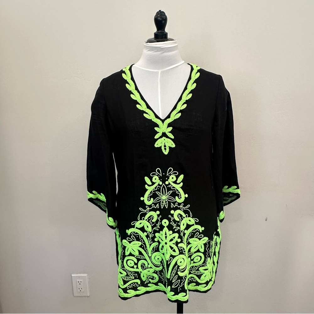 Calypso St. Barth Black Tunic with Neon Green Embroidery